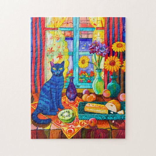 Schilderij van een kat op keukentafel door raam legpuzzel (Verticaal)