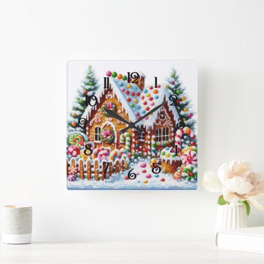Schilderij van een kleurrijk Snoep Gingerbread Hou Vierkante Klok (Huis)