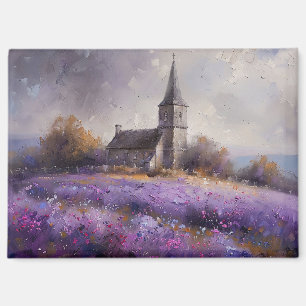 Schilderij van een landelijke kerk en een veld met magneet