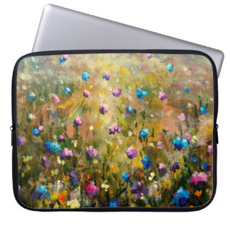 schilderij van een mooie weide van een blauwe roze laptop sleeve