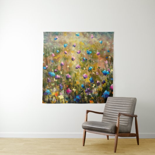 schilderij van een mooie weide van een blauwe roze wandkleed (In situ)