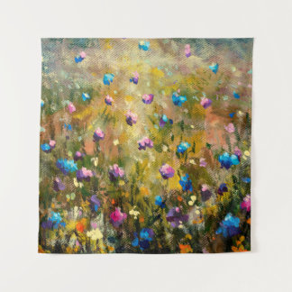 schilderij van een mooie weide van een blauwe roze wandkleed