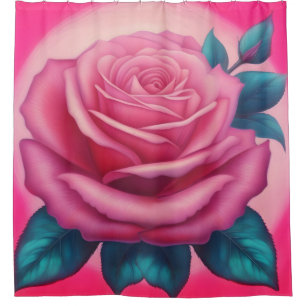 Schilderij van een neon roze roos douchegordijn