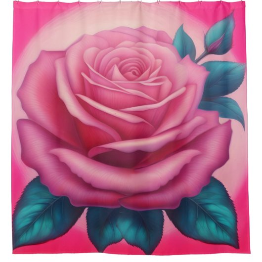 Schilderij van een neon roze roos douchegordijn (Voorkant)