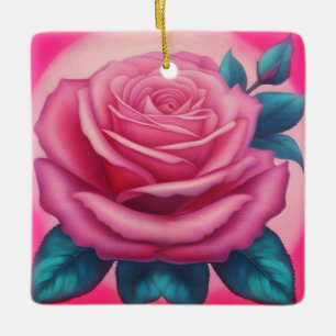 Schilderij van een neon roze roos keramisch ornament