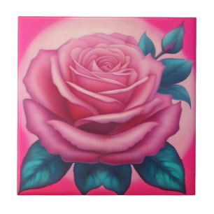 Schilderij van een neon roze roos tegeltje