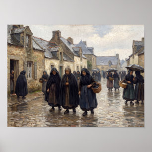Schilderij van een regenachtige straat in een Fran Poster