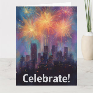 Schilderij van een stadsprofiel onder het vuurwerk kaart