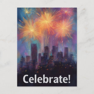Schilderij van een stadsprofiel onder vuurwerk briefkaart