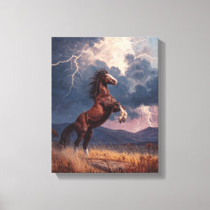 Schilderij van een steigend paard in een onweersbu canvas afdruk