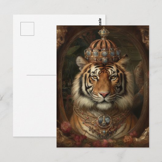 Schilderij van een tijger met een kroon en bloemen briefkaart (Voorkant / Achterkant)
