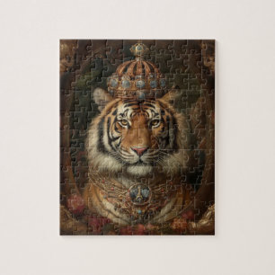 Schilderij van een tijger met een kroon en bloemen legpuzzel