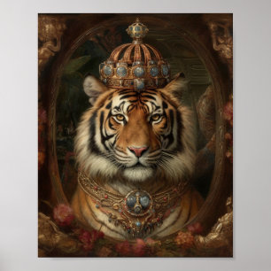 Schilderij van een tijger met een kroon en bloemen poster
