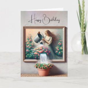 Schilderij van een vrouw die een Plant water geeft Kaart