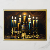 Schilderij van Elegant Menorah Gold Blue Folie Feestdagenkaart (Voorkant)