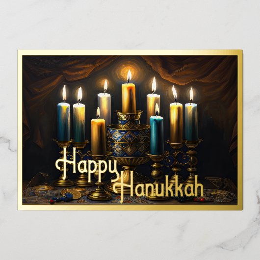 Schilderij van Elegant Menorah Gold Blue Folie Feestdagenkaart (Voorkant)