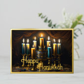 Schilderij van Elegant Menorah Gold Blue Folie Feestdagenkaart (Staand Voorkant)