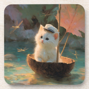 Schilderij van Fluffy Witte Kitten Zeilend in Koko Bier Onderzetter