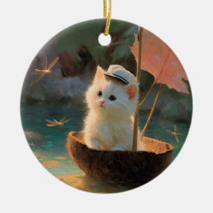 Schilderij van Fluffy Witte Kitten Zeilend in Koko Keramisch Ornament