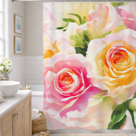 Schilderij van gele en roze rozen douchegordijn