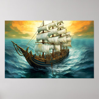 Schilderij van groot zeilschip op een blauw Zee Poster