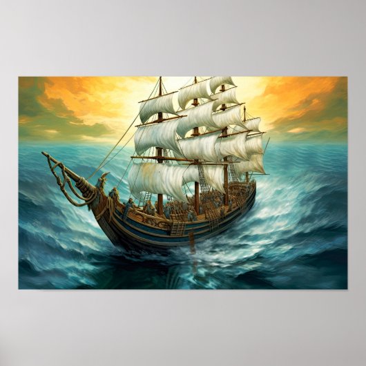 Schilderij van groot zeilschip op een blauw Zee Poster (Voorkant)