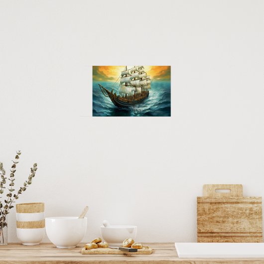 Schilderij van groot zeilschip op een blauw Zee Poster (Keuken)
