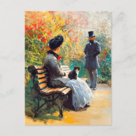Schilderij van het paar in de tuin met kat op scho briefkaart