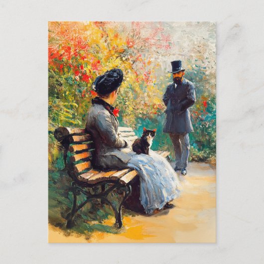 Schilderij van het paar in de tuin met kat op scho briefkaart (Voorkant)