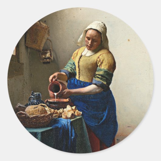 Schilderij van Johannes Vermeer, De Melkmeid. Ronde Sticker (Voorkant)