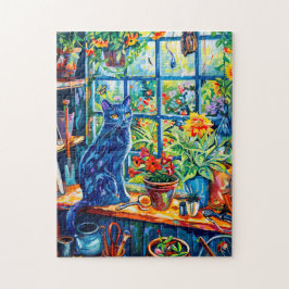 Schilderij van kat op vensterbank van tuinhuis legpuzzel
