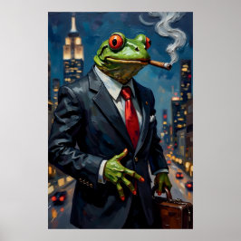 Schilderij van kikker in pak met sigaar poster