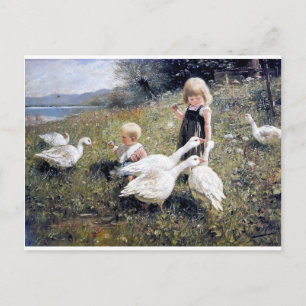 schilderij van kinderen en ganzen briefkaart