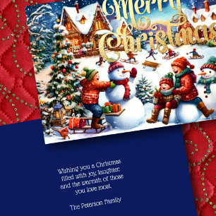 Schilderij van Kinderen Winter Fun Snowmen Sleddin Kaart