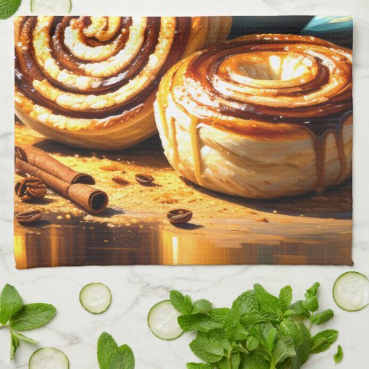 Schilderij van koffiekopje en kaneelbroodjes Abstr Theedoek (Gevouwen)