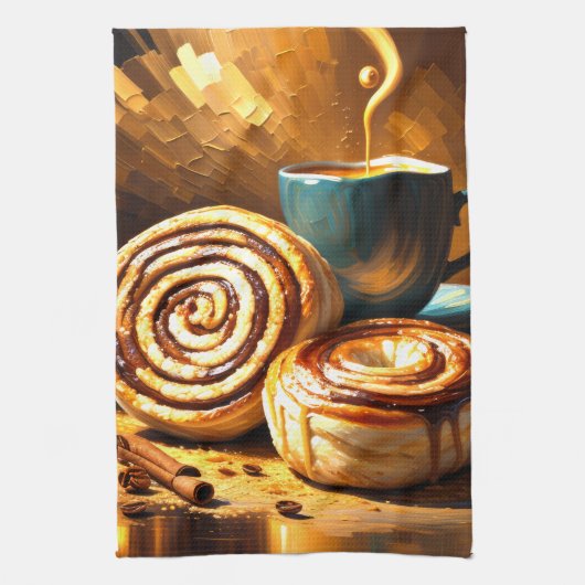 Schilderij van koffiekopje en kaneelbroodjes Abstr Theedoek (Verticaal)