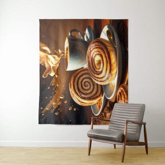 Schilderij van koffiekopje en kaneelbroodjes Abstr Wandkleed (In situ)