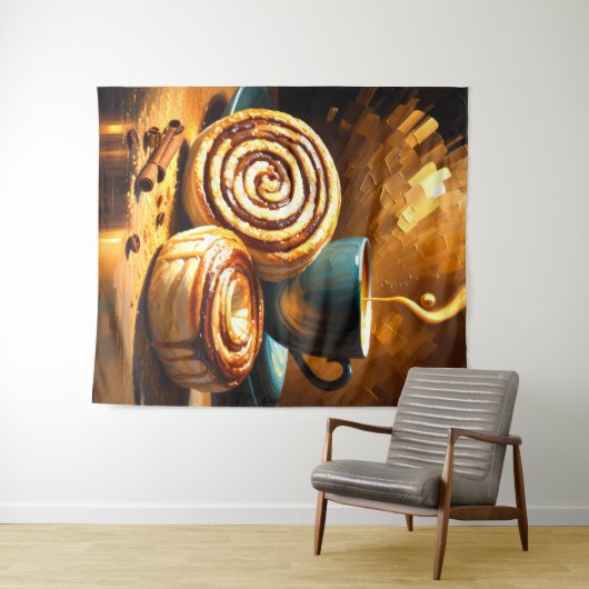 Schilderij van koffiekopje en kaneelbroodjes Abstr Wandkleed (In Situ (horizontaal))