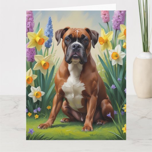 Schilderij van lente bloemen met Boxer Hond Kaart (Voorkant)