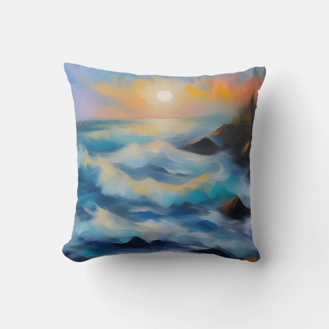 Schilderij van lichtblauwe zee golven onder de zon kussen (Voorkant)