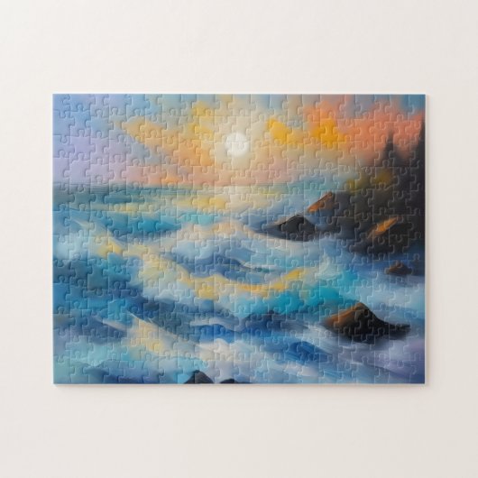 Schilderij van lichtblauwe zee golven onder de zon legpuzzel (Horizontaal)