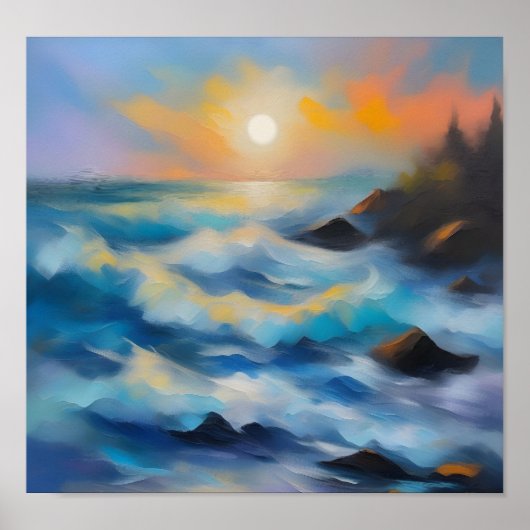 Schilderij van lichtblauwe zee golven onder de zon poster (Voorkant)