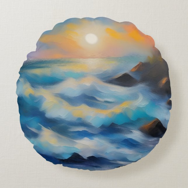 Schilderij van lichtblauwe zee golven onder de zon rond kussen (Voorkant)