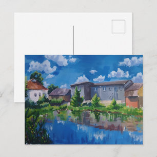 Schilderij van meer in het landschap op ansichtkaa briefkaart