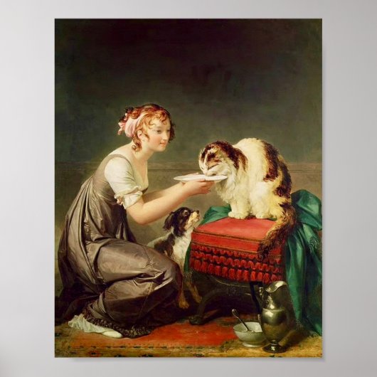  schilderij van  meisje en Schattigee dikke kat Poster (Voorkant)