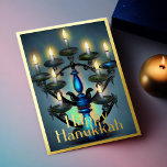 Schilderij van Menorah Happy Chanoeka Gold Blue Folie Feestdagenkaart<br><div class="desc">Schilderij van Menorah Happy Chanoeka Gold Blue</div>