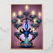Schilderij van Menorah Happy Chanoeka Gold Paarse Folie Feestdagenkaart (Voorkant)