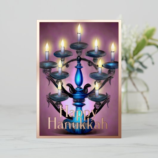 Schilderij van Menorah Happy Chanoeka Gold Paarse Folie Feestdagenkaart (Staand Voorkant)