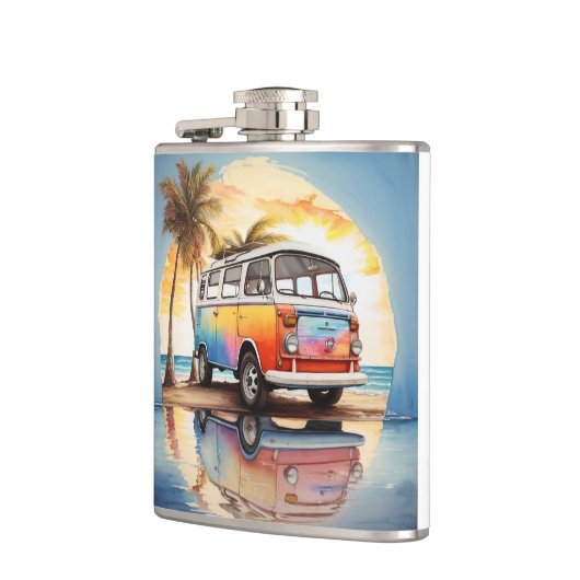 Schilderij van  minibus op het strand heupfles (Links)