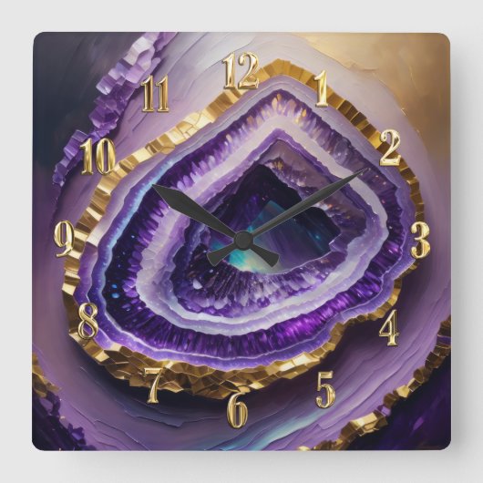 Schilderij van Paarse en Gouden Geode Vierkante Klok (Voorkant)